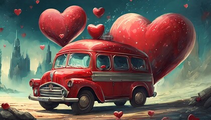 3d red van and valentine hearts - obrazy, fototapety, plakaty