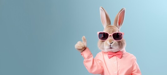 Funny easter animal pet - Easter bunny rabbit with sunglasses, shirt and bow tie, giving thumb up, isolated on blue color background - obrazy, fototapety, plakaty