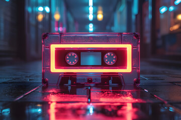 A neon cassette representing nostalgia of the 90s and audio cassette for listening to music. - obrazy, fototapety, plakaty