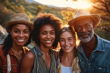 A diverse group of individuals of different ages embracing with joyful expressions in front of the camera - Multiethnic companions enjoying each other's company outdoors.