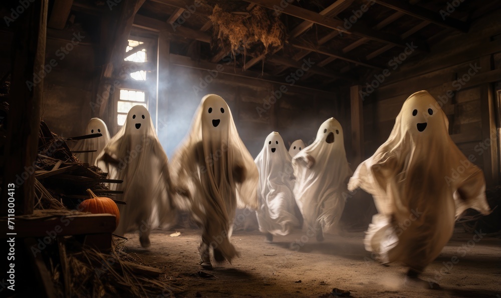 Poster a group of ghosts walking through a barn. generative ai.