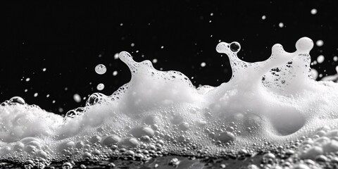 White liquid suds from soap, shampoo, or body wash forming abstract bubbles, isolated on a black background with a clipping path. - obrazy, fototapety, plakaty