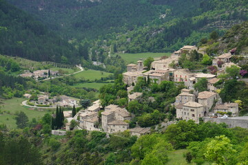 view of the old medieval village of Brantes in Southern france in the spring