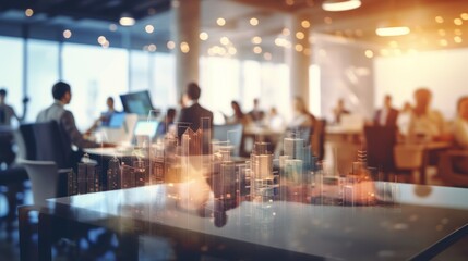 Dynamic business atmosphere: blurred office interior with productive meetings and collaborative work