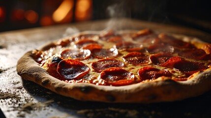 Sizzling pepperoni pizza cooked in a charcoal oven against a dark backdrop, photographed with...