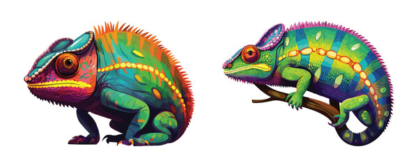 Vibrant Chameleon Duo isolated on white background: A pair of brightly colored chameleons, showcasing their intricate scales and captivating gaze in a digital illustration. 