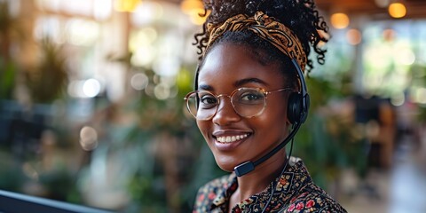Headshot of cheerful African American customer service representative using headphones to answer calls in office. Senior black telesales operator working in call center 