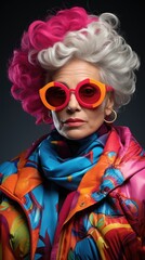 a elderly Woman model in colorful glasses in the style of pop art influence