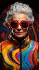 a elderly Woman model in colorful glasses in the style of pop art influence
