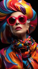 a elderly Woman model in colorful glasses in the style of pop art influence