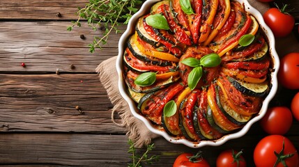 A classic French vegetarian dish of Ratatouille casserole on a rustic wooden table, perfect for a plant-based diet. Ideal for menus or banners.