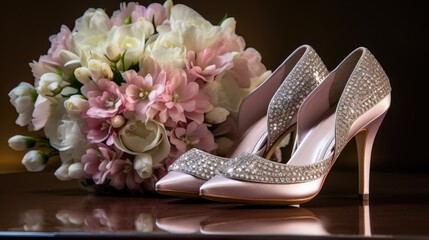 shot of wedding shoes worn by brides, accompanied by a beautiful bouquet
