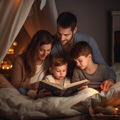 Happy family reading book in bed at home. AI.
