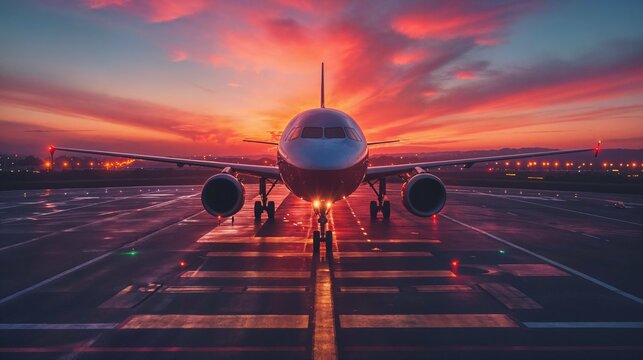 Commercial airplane on the runway at sunset with vivid red and purple sky, runway lights reflecting on the tarmac, preparing for takeoff or just landed