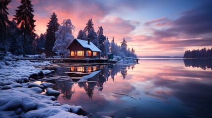 Fototapeta premium Breathtaking photo of a lakeside cabin during the blue hour on a pristine winter day in Canada.