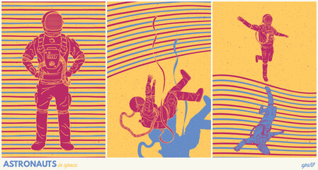 Astronaut in space. Cosmonaut in spacesuit. Sci fi retro poster set © arvitalya