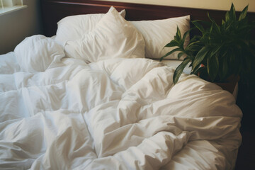 Fototapeta na wymiar Pillow messy home comfortable morning linen bedding rest soft sheet sleep