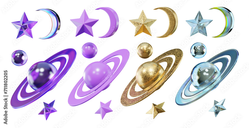 Poster saturn and stars decoration set isolated background 3d rendering