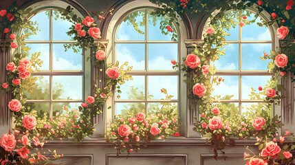 A drawing of large vintage windows adorned with flowers, evoking a sense of nostalgia and a romantic, colorful atmosphere. Suitable for home decor or art background.