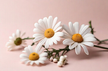 minimal style concept, white daisy chamomile flowers on a pale pink background