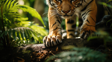 tiger in tropical jungle, wild cat, environmental protection, forest, nature, wildlife day, plants, trees, animal - obrazy, fototapety, plakaty