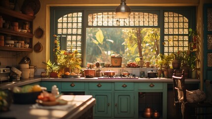 Spacious view of a vacant, inviting kitchen adorned with Indian design elements. Chic, classic South Asian residence with kitchenware and large window welcoming spring's sunshine. Retro cozy vibe. - obrazy, fototapety, plakaty