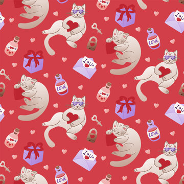 Funny Valentines cat with hearts seamless pattern