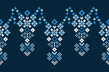 Ethnic geometric fabric pattern Cross Stitch.Ikat embroidery Ethnic oriental Pixel pattern navy blue background. Abstract,vector,illustration. Texture,clothing,scarf,decoration,motifs,silk wallpaper.
