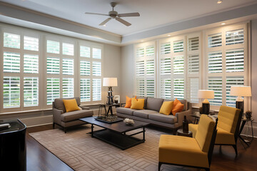 Plantation shutters, classic and versatile window treatments, feature adjustable louvers mounted on a solid frame, providing an elegant and functional solution that allows for precise control of light - obrazy, fototapety, plakaty