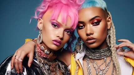 Naklejka premium Fashion photo shoot of generation Z. girls with bright, colorful hair, makeup and jewelry. individuality and style.