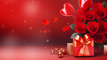 Happy valentines, 3D abstract wallpaper red and white hearts and red rose flower with dark background and copy space