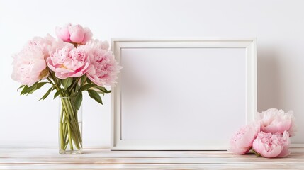 floral elegance. Frame a still life scene with pink peonies flowers in a glass vase on a wooden table, complemented by a white horizontal picture frame mockup.