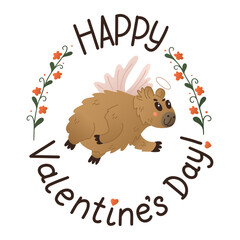 Flying cute capybara with Valentines greeting