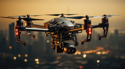 Drone with digital camera flying over the city - obrazy, fototapety, plakaty