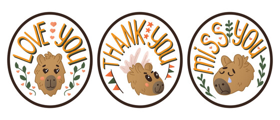 Set of colored hand drawn capybaras head with text