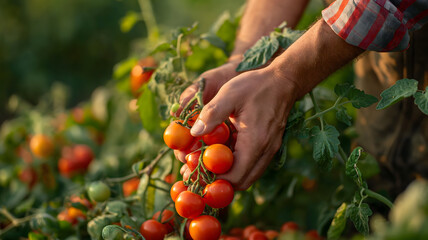 Vista de cerca de un agricultor recolectando tomates