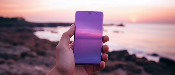 A person holds up a purple phone against a colorful sunset backdrop. Generative AI.