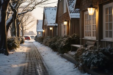A charming winter street with cozy rowhouses covered in snow. Generative AI.