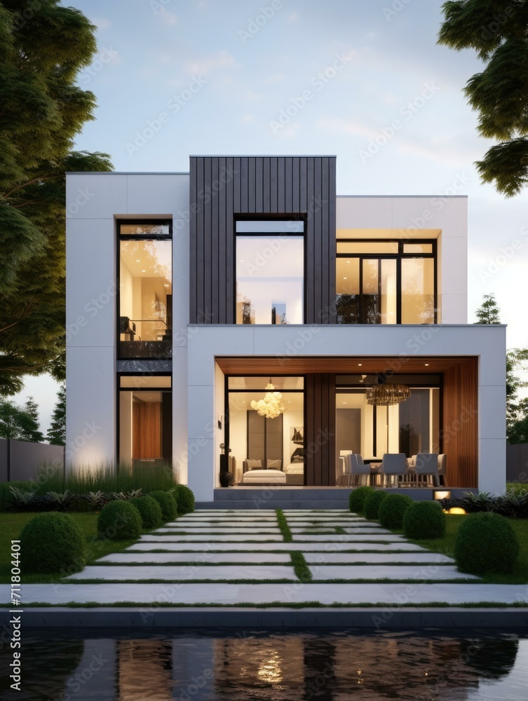 Poster A stunning minimalist villa with a sleek design in white, gray, and black. Generative AI.