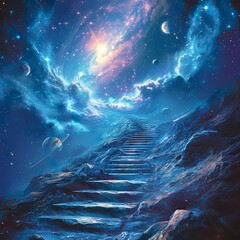 Fototapeta na wymiar A fantasy illustration of a magical staircase of comets towards infinity. Staircase leading to a celestial portal in the infinite space of the cosmos.