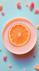 An orange slice in a bowl of pink drink. Generative AI.
