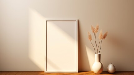 branding creativity. Picture an artistic still life scene featuring a blank vertical greeting card and poster mockup against a beige wall.