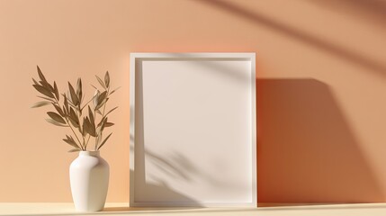 branding creativity. Picture an artistic still life scene featuring a blank vertical greeting card and poster mockup against a beige wall.