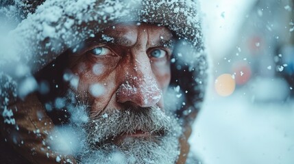 Close-Up, Man's Face Buffeted by Blowing Snow, Icicles Forming on Beard, Extreme cold in the city