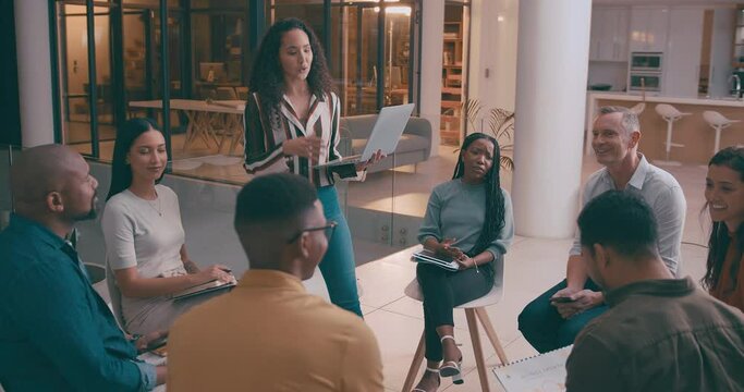 Business people, circle or presentation in workshop in training, collaboration or communication in job. Diversity, employees and discussion of ideas, networking and professional group on work project