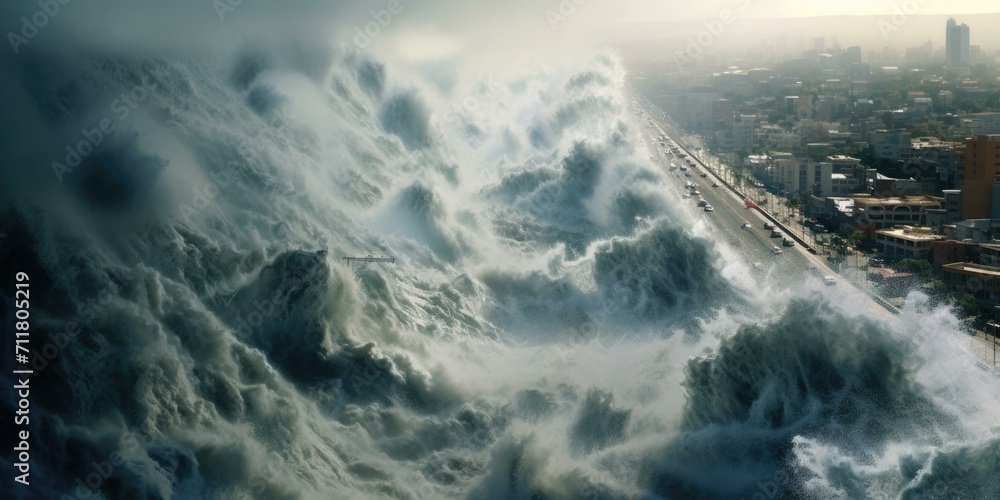Poster a large wave is crashing into the ocean. generative ai.