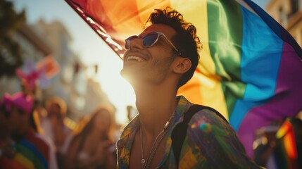 Generative AI, gay man smiling with rainbow flag, LGBT people walking in the street during the gaypride pride - obrazy, fototapety, plakaty