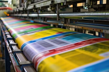 Machine printing colored newspaper at factory
