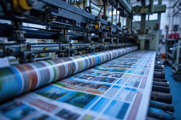 Machine printing colored newspaper at factory - obrazy, fototapety, plakaty