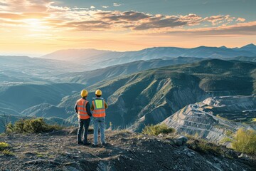 Construction workers overlooking mountain valley - obrazy, fototapety, plakaty